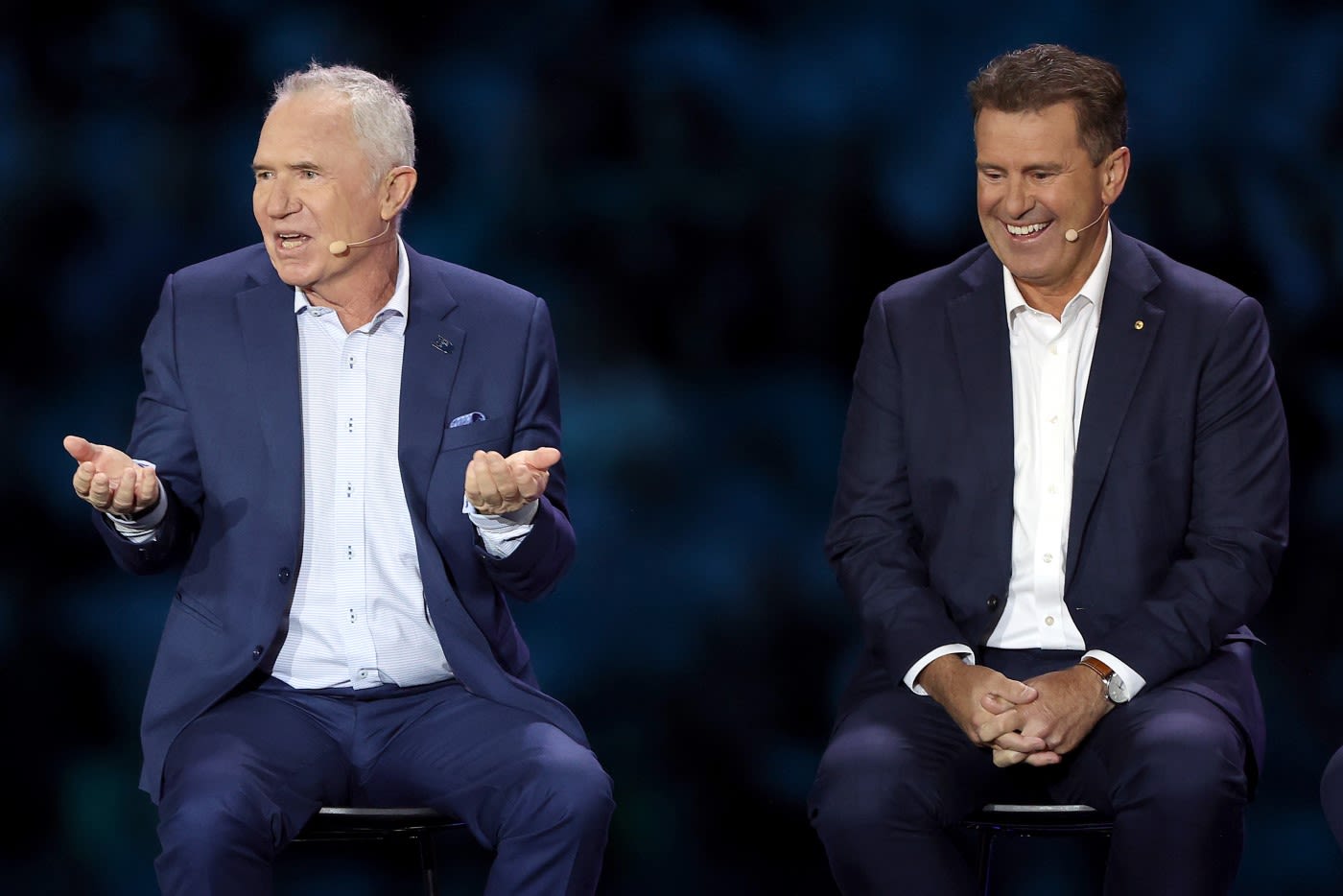 Allan Border and Mark Taylor tell stories at the state memorial for Shane Warne