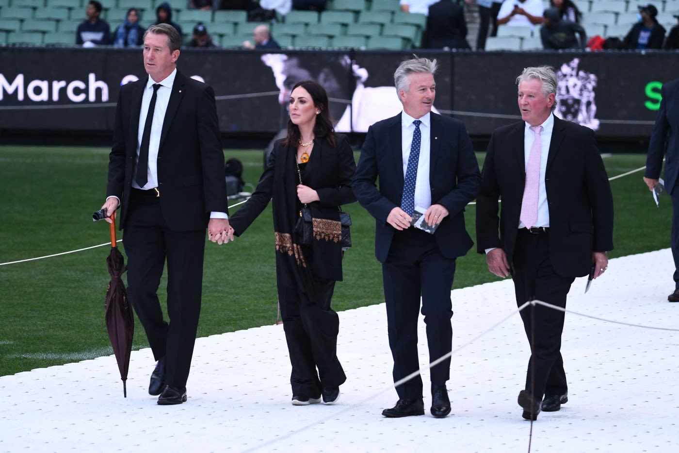 Allan Border and Mark Taylor tell stories at the state memorial for Shane Warne