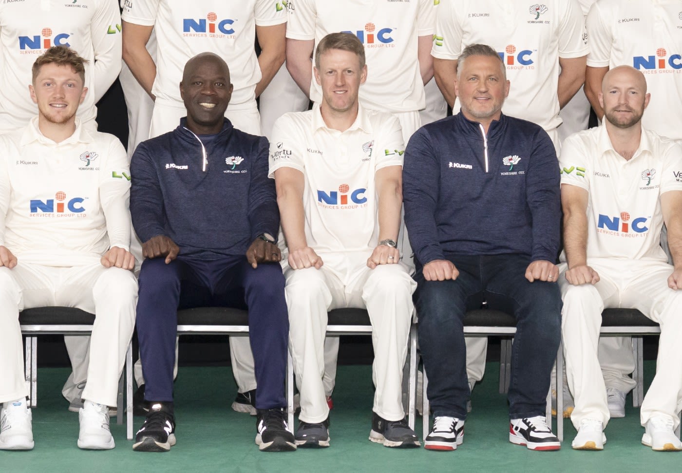 Ottis Gibson and Darren Gough flank Steve Patterson, Yorkshire's captain, at the club's media day