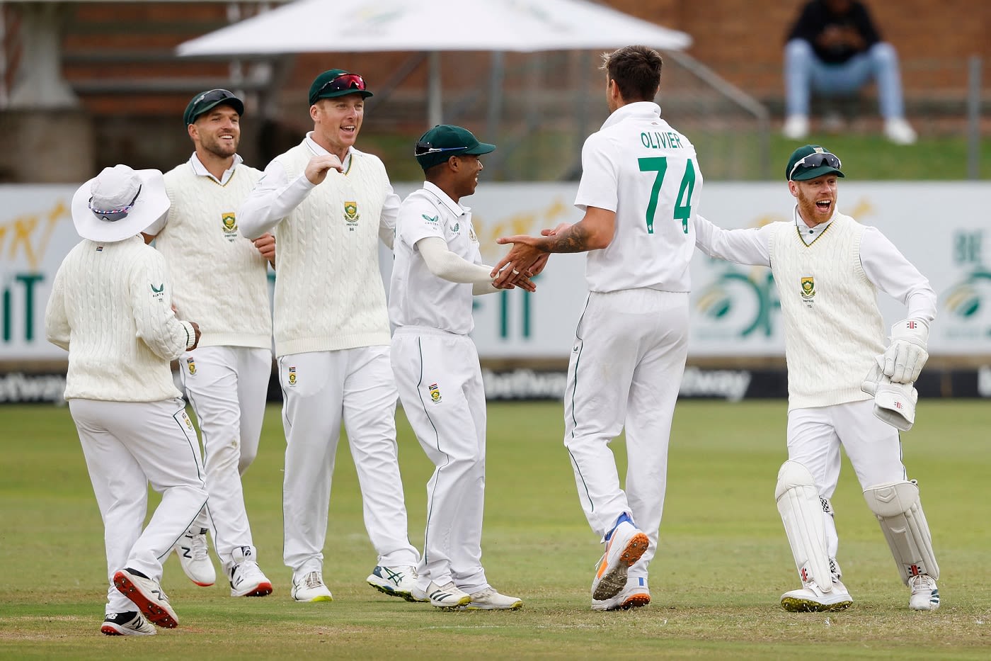 South African fielders celebrate the dismissal of Mahmudul Hasan Joy