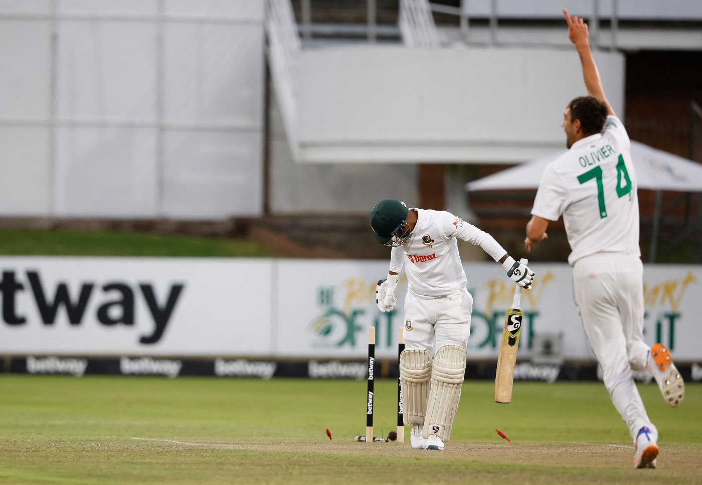 Duanne Olivier celebrates after removing Litton Das