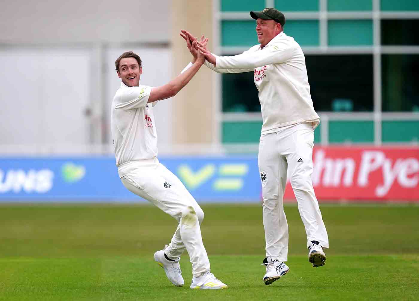 Stuart Broad celebrates a wicket on his first appearance of the season