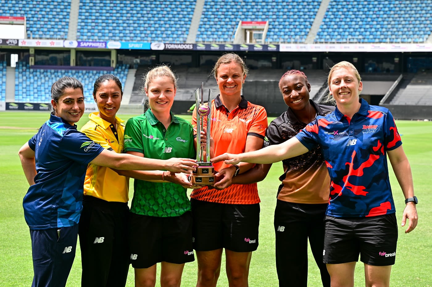Sana Mir, Sindhu Sriharsha, Nicola Carey, Suzie Bates, Stafanie Taylor and Heather Knight pose with the FairBreak Invitational 2022 trophy