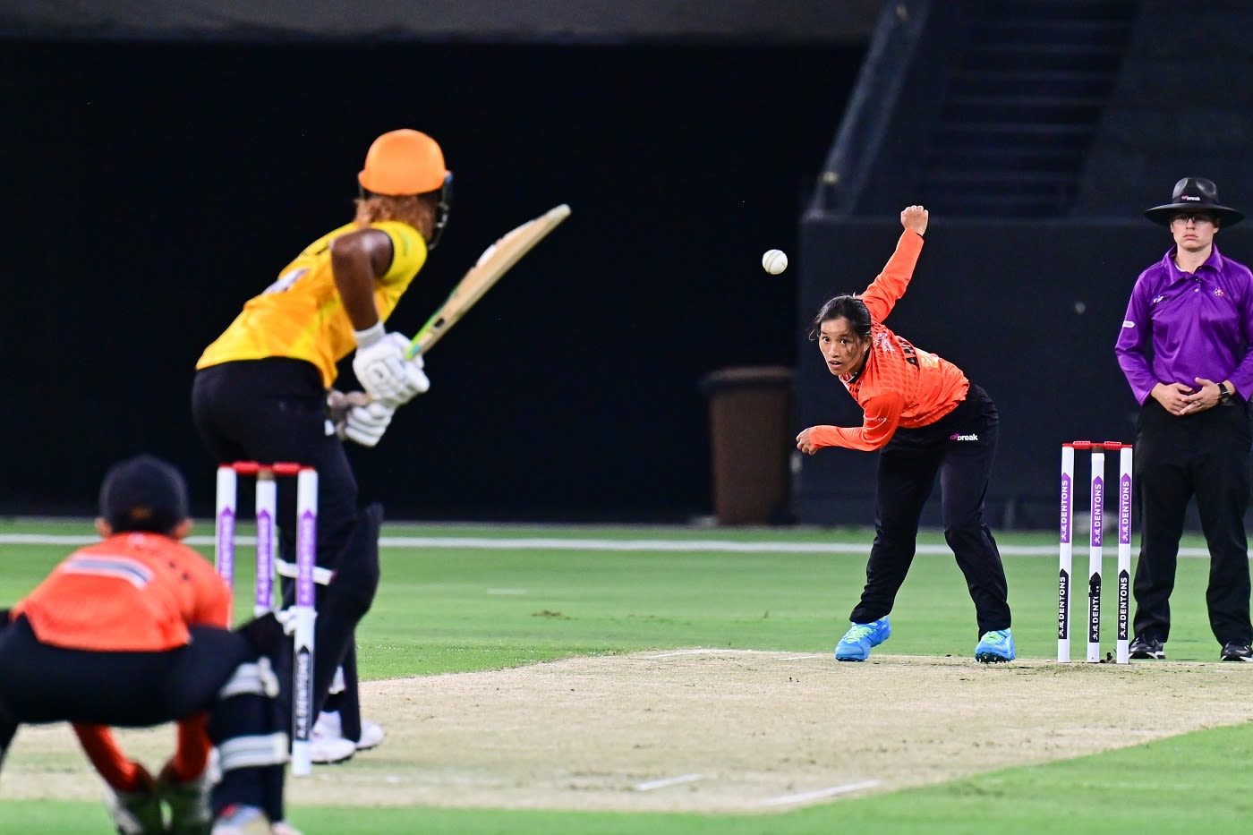 Anju Gurung of Bhutan bowls to Hayley Matthews
