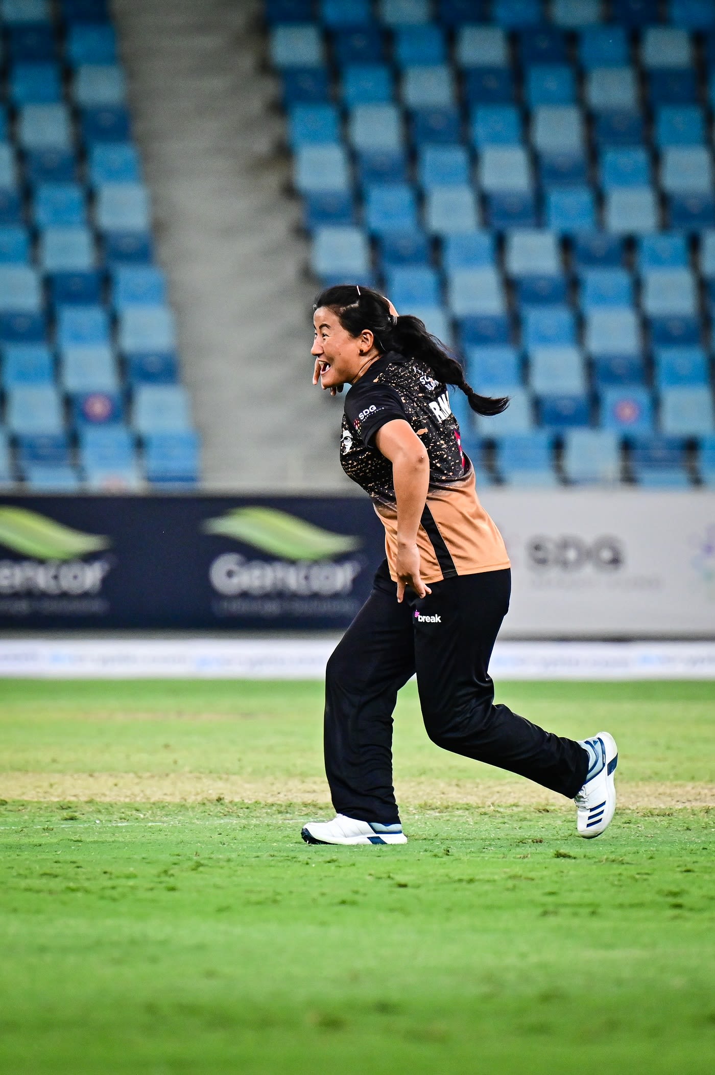 Sita Rana Magar celebrates after getting Laura Wolvaardt lbw
