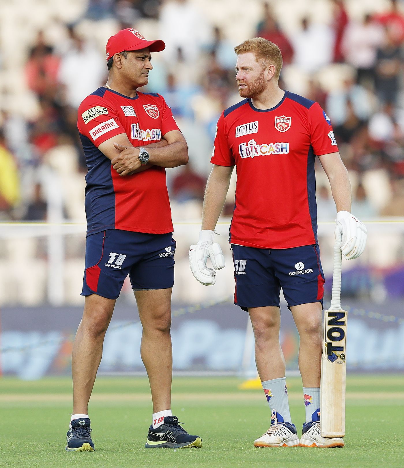 Anil Kumble and Jonny Bairstow have a chat before the start of the game