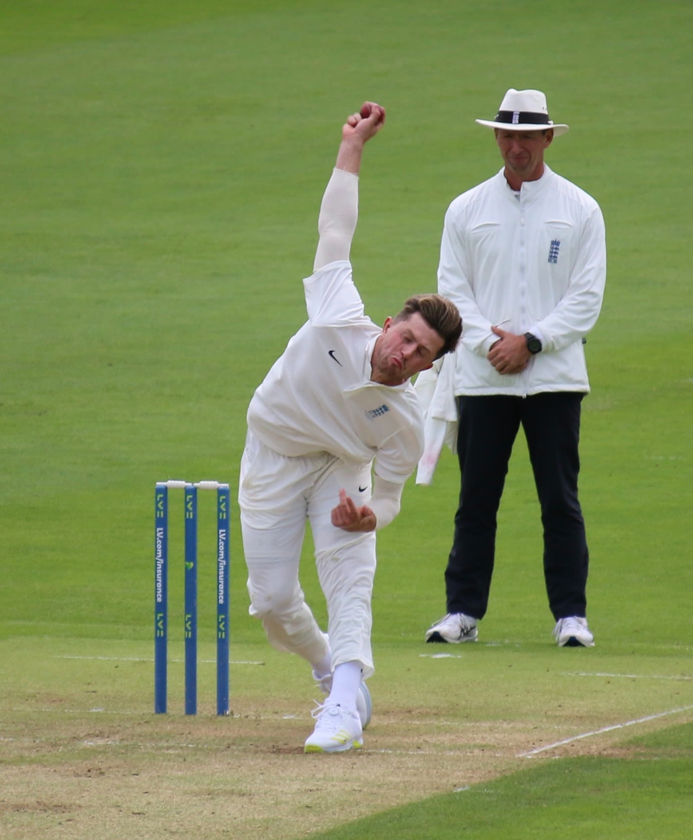 Jack Blatherwick bowls on the opening day of New Zealand's warm-up in Chelmsford