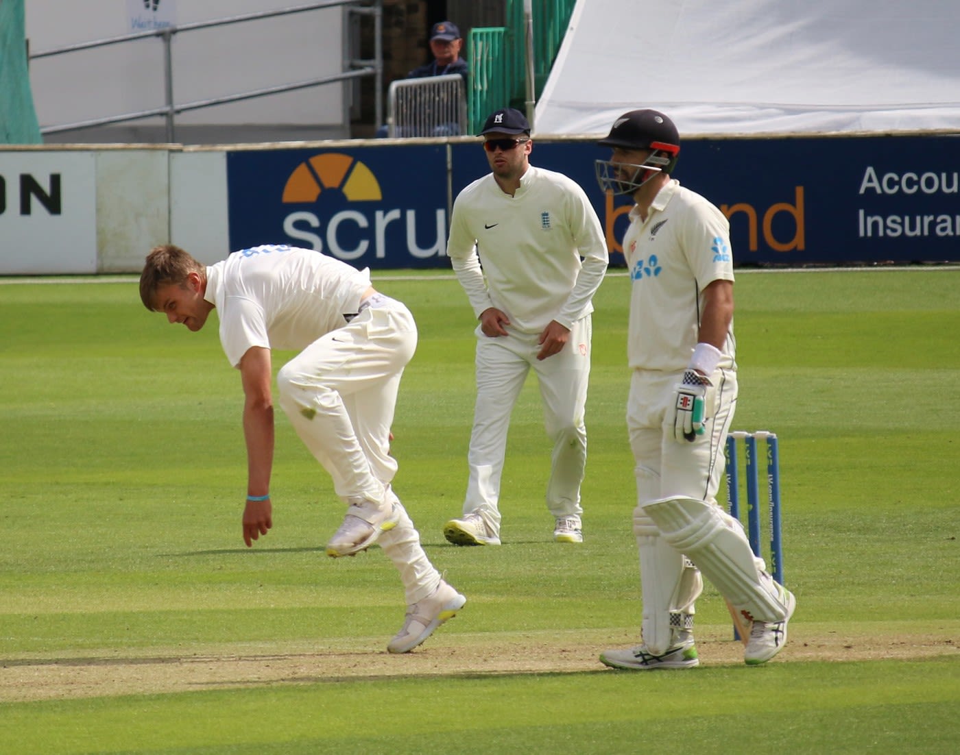 Ben Gibbon bowls on the opening day of New Zealand's warm-up in Chelmsford