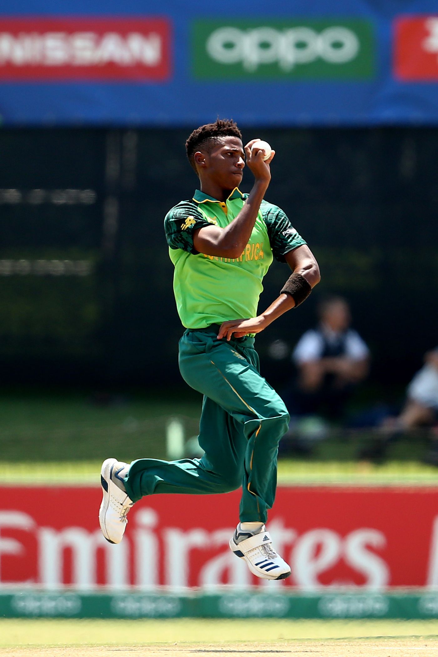 Mondli Khumalo bowls for South Africa Under-19s against Bangladesh Under-19s at the World Cup in 2020