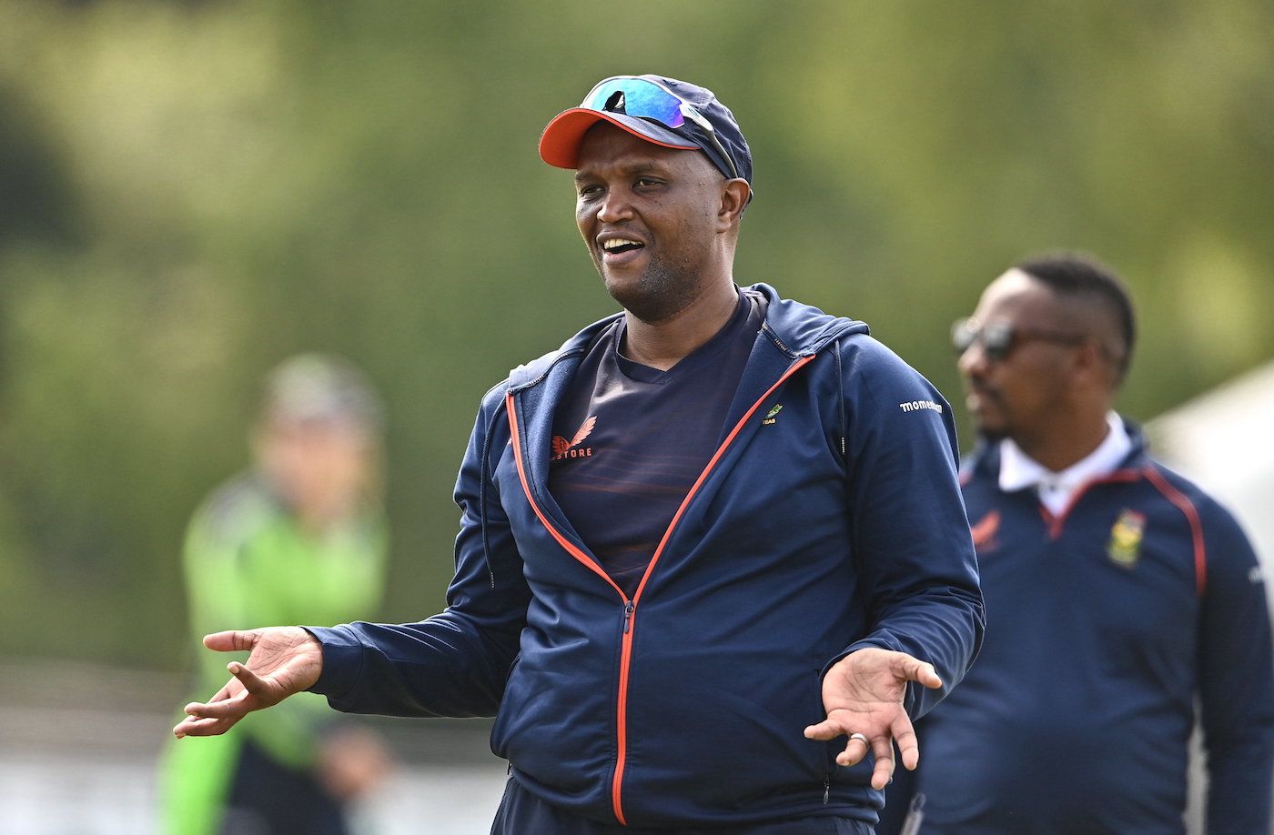 South Africa head coach Hilton Moreeng reacts before the game