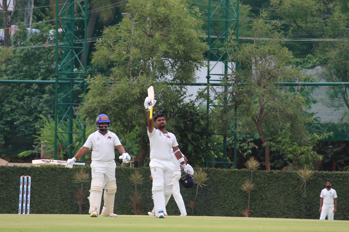 Suved Parkar celebrates after becoming just the second Mumbai batter to score a double century on debut