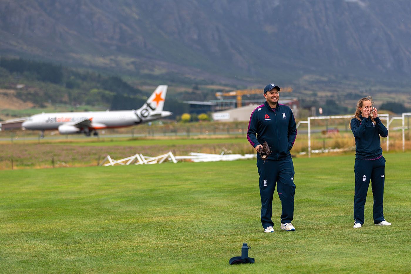 Tim Macdonald and Tash Farrant look on during an England touring side training session in New Zealand