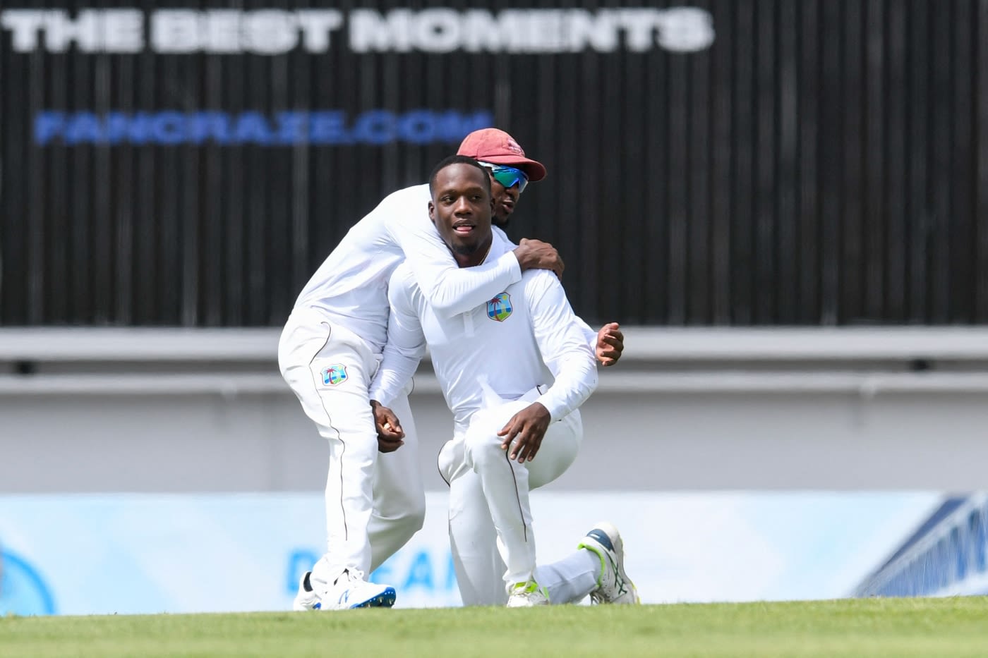 Nkrumah Bonner and Jermaine Blackwood celebrate the dismissal of Mahmudul Hasan Joy