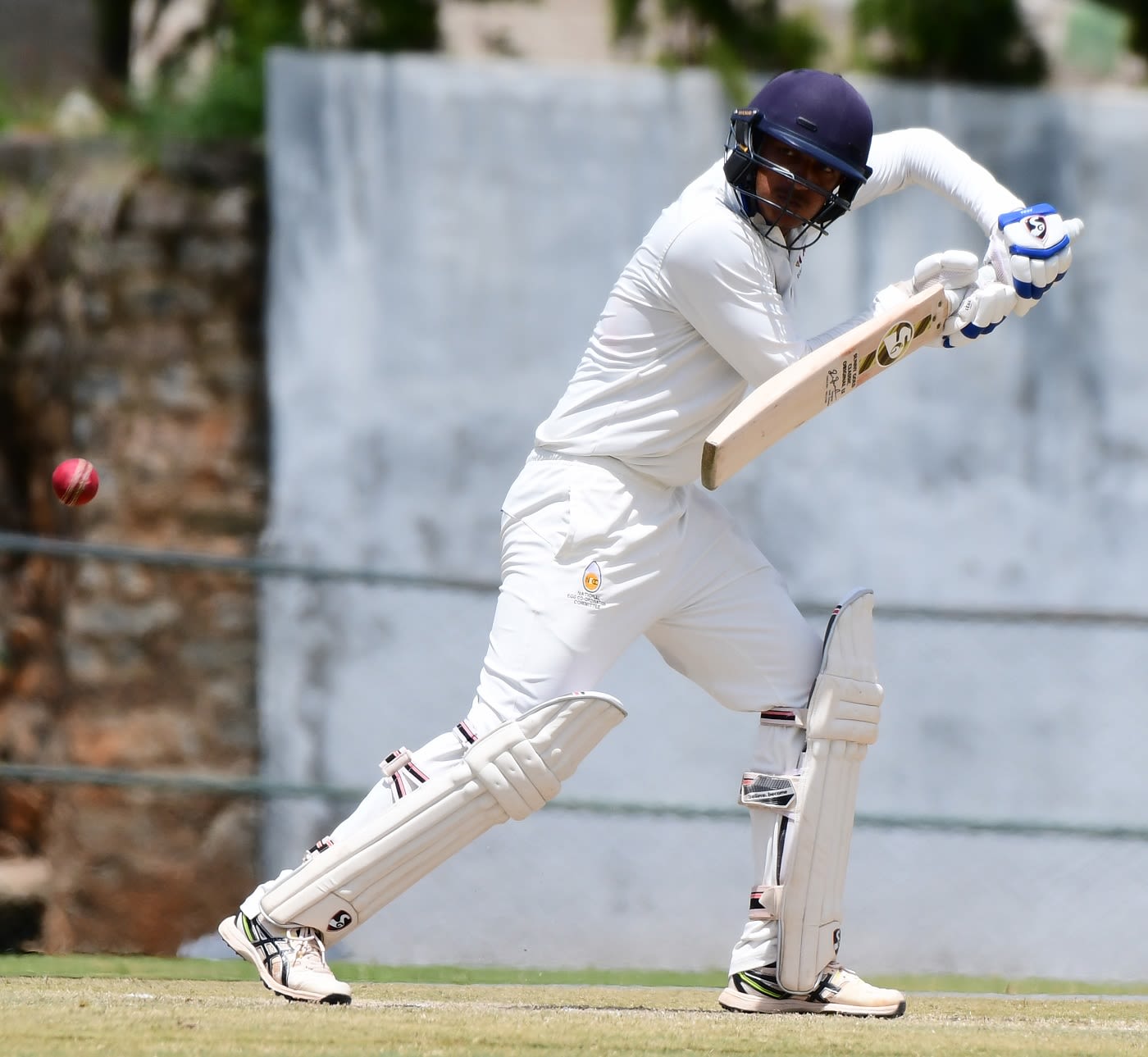 Armaan Jaffer plays one square of the wicket during his 127