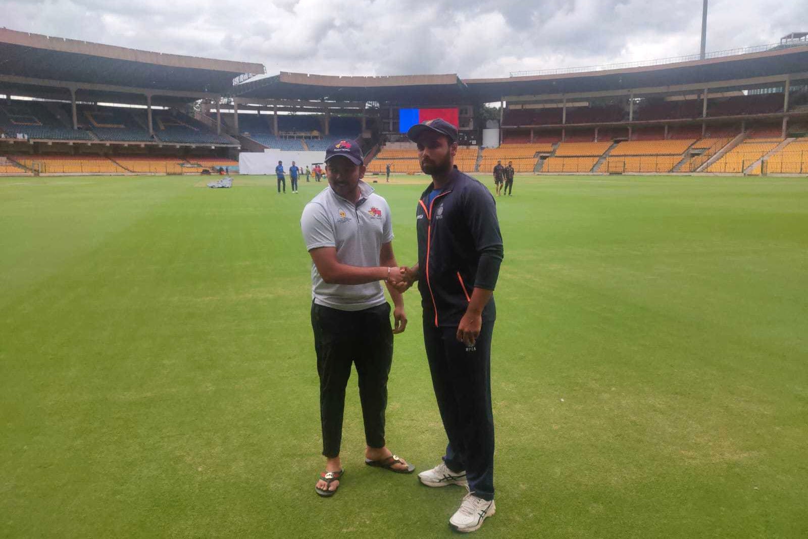 Prithvi Shaw and Aditya Shrivastava shake hands on the eve of the Ranji Trophy final