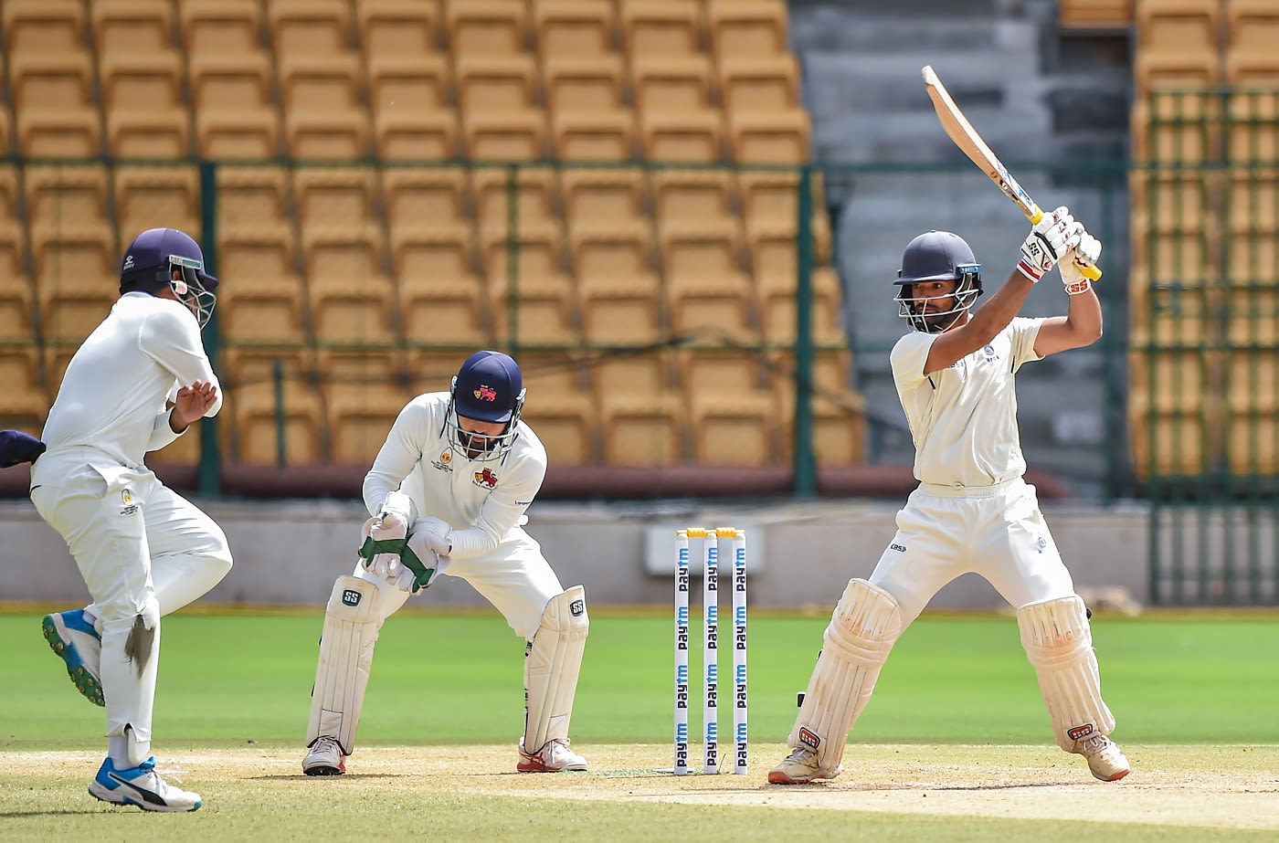 The impressive Yash Dubey punches one off the back foot during his century knock