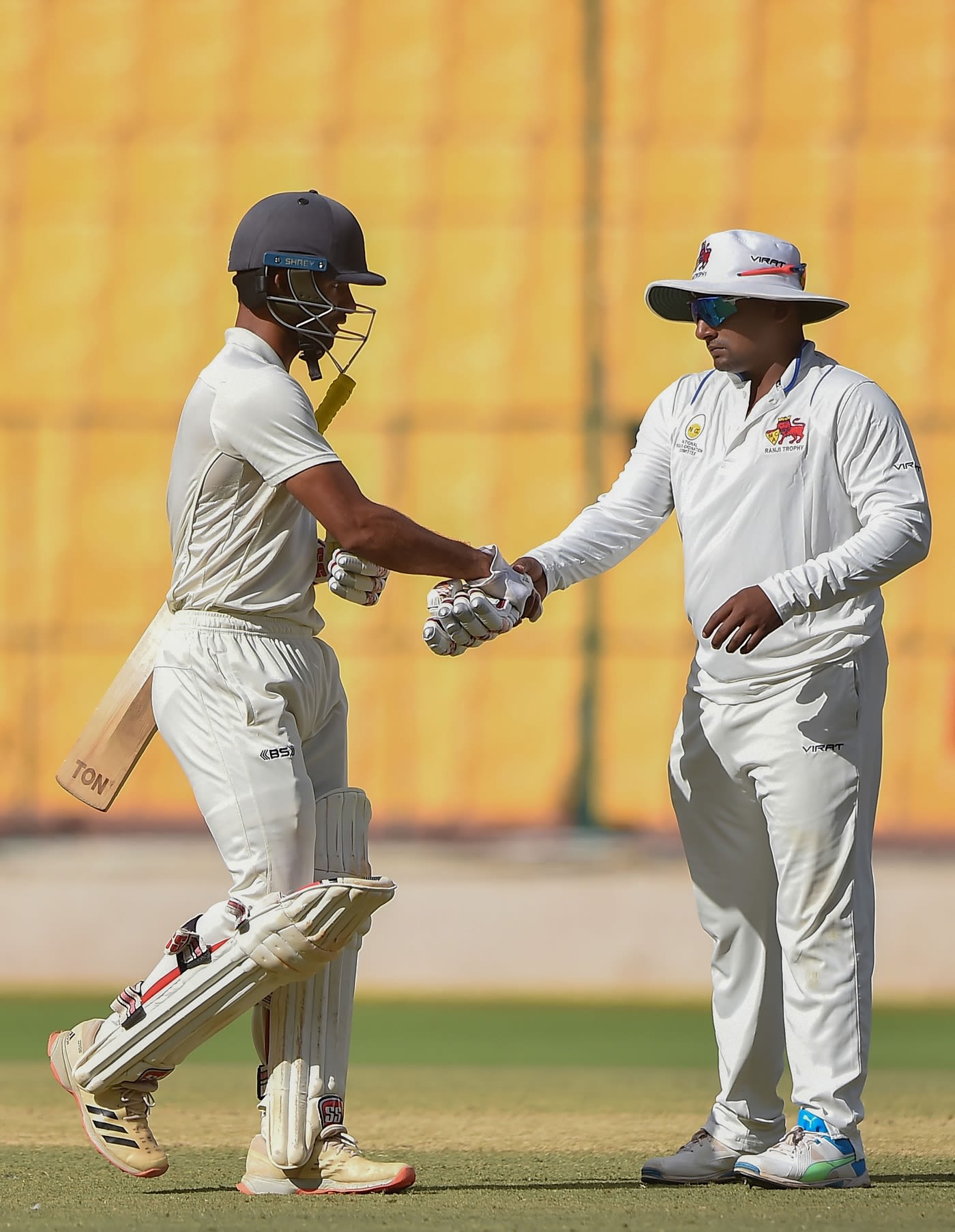Centurions meet: Sarfaraz Khan shakes hands with Yash Dubey after his dismissal