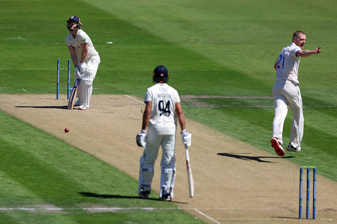 Sean Hunt celebrates after bowling Brooke Guest