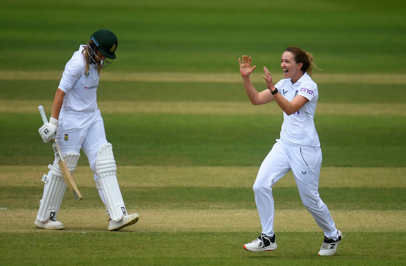 Kate Cross is ecstatic after dismissing Andrie Steyn second time in the Test