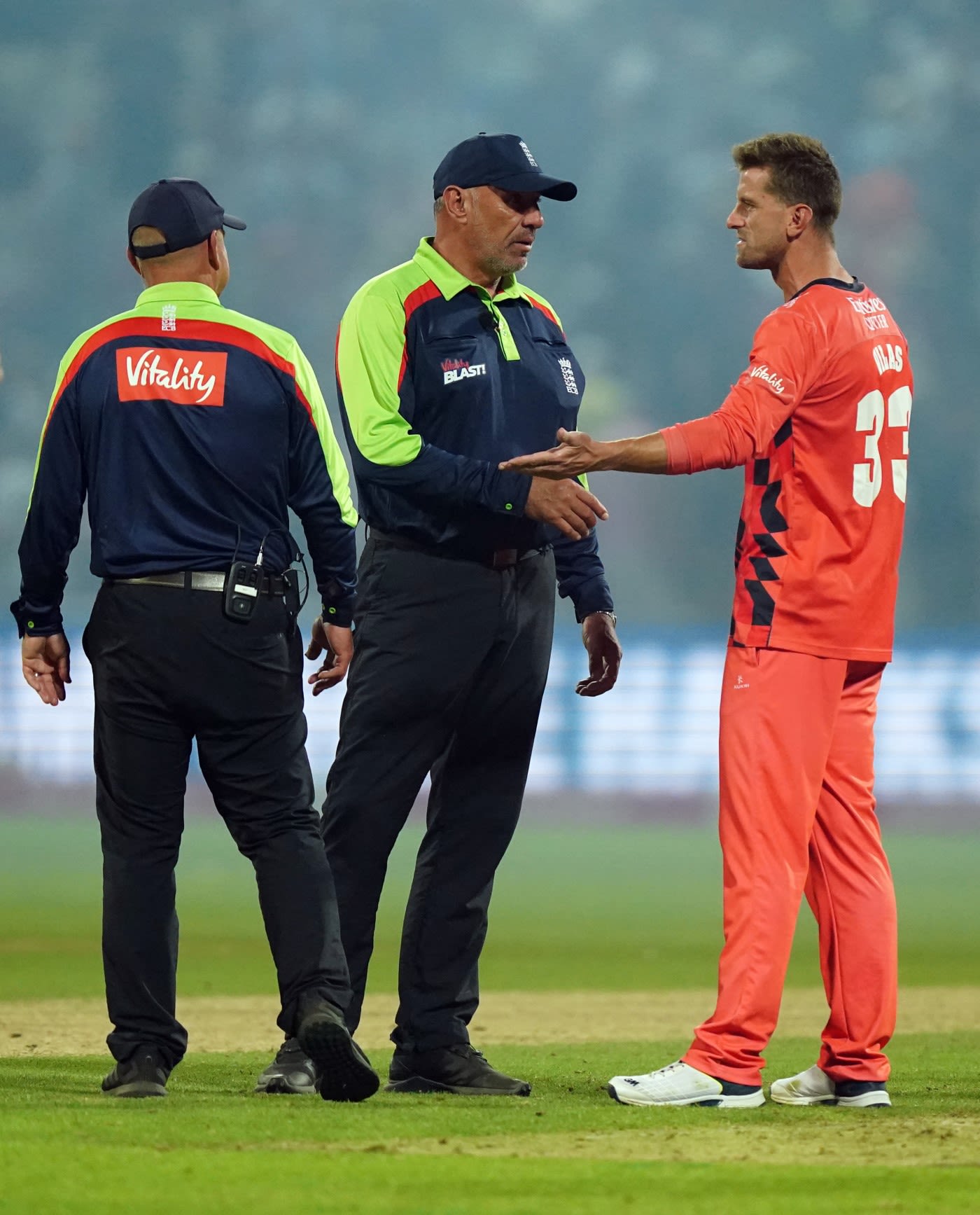 Lancashire captain Dane Vilas talks with the umpires after the final