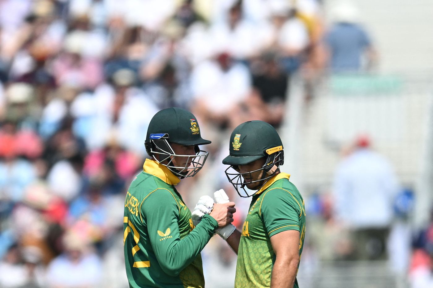 Rassie van der Dussen and Janneman Malan celebrate a milestone