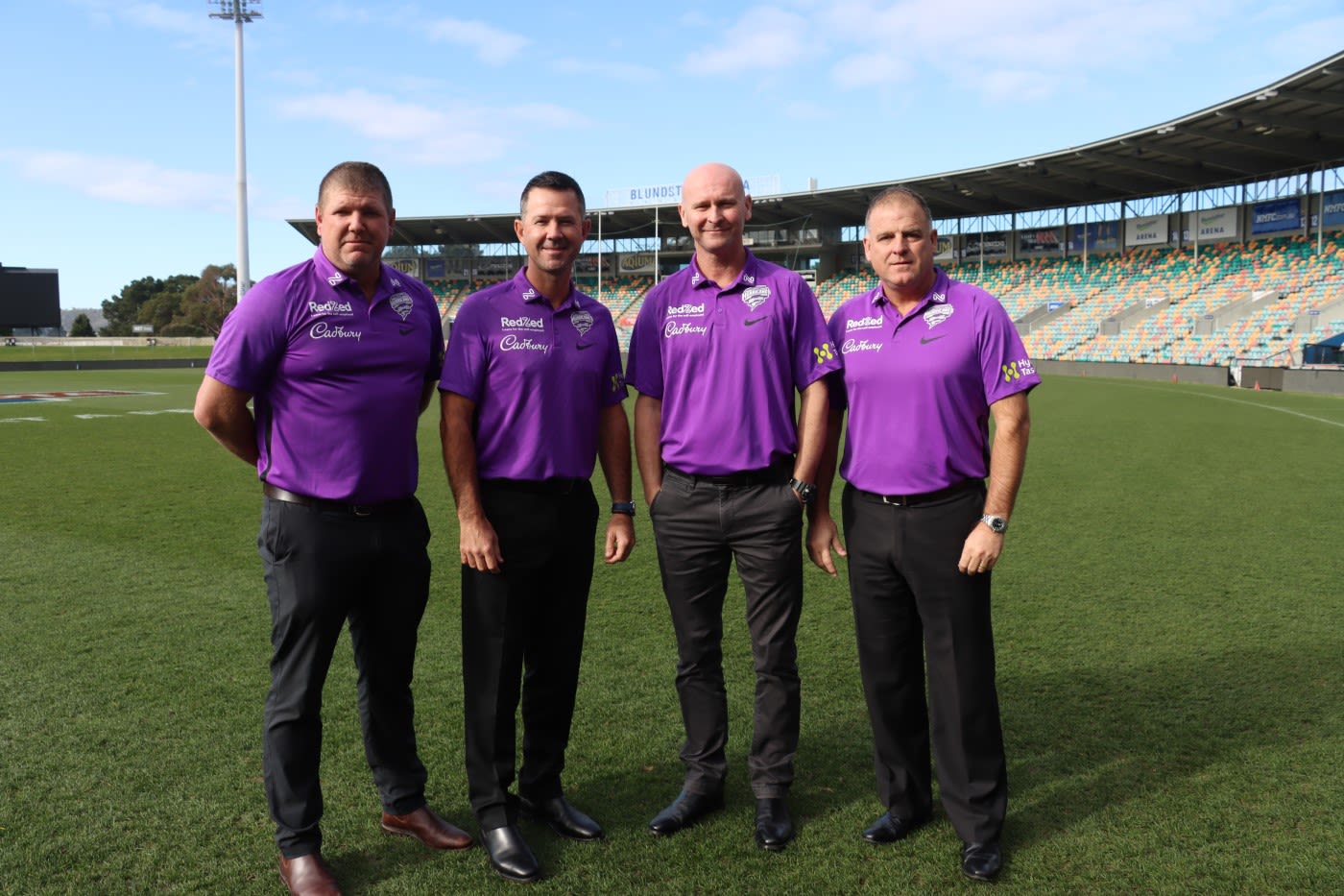 Hobart Hurricanes coaching team (left to right), James Hopes (assistant), Ricky Ponting (head of strategy), Jeff Vaughan (head coach) and Darren Berry (assistant)