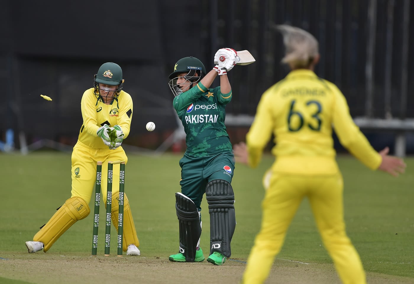 Iram Javed is bowled by Ashleigh Gardner