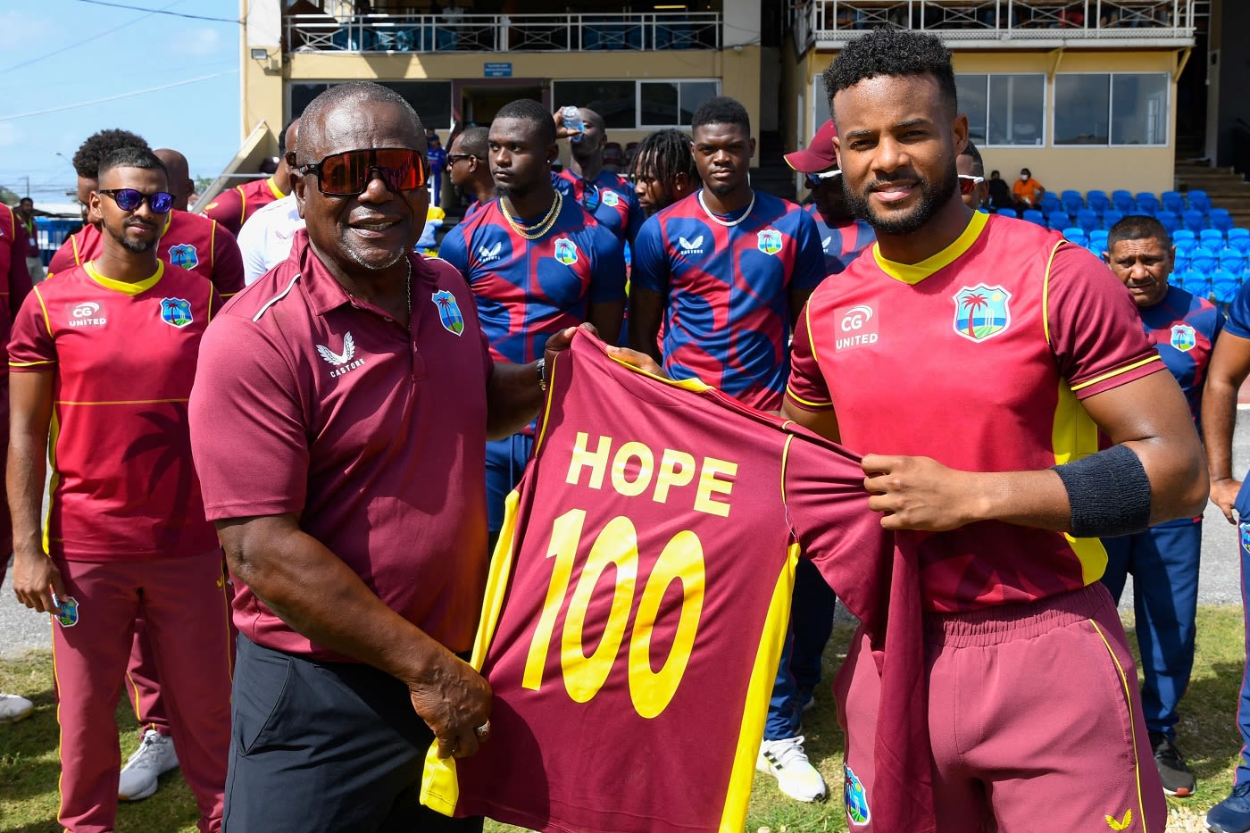 Shai Hope receives a special jersey for his 100th ODI from Desmond Haynes
