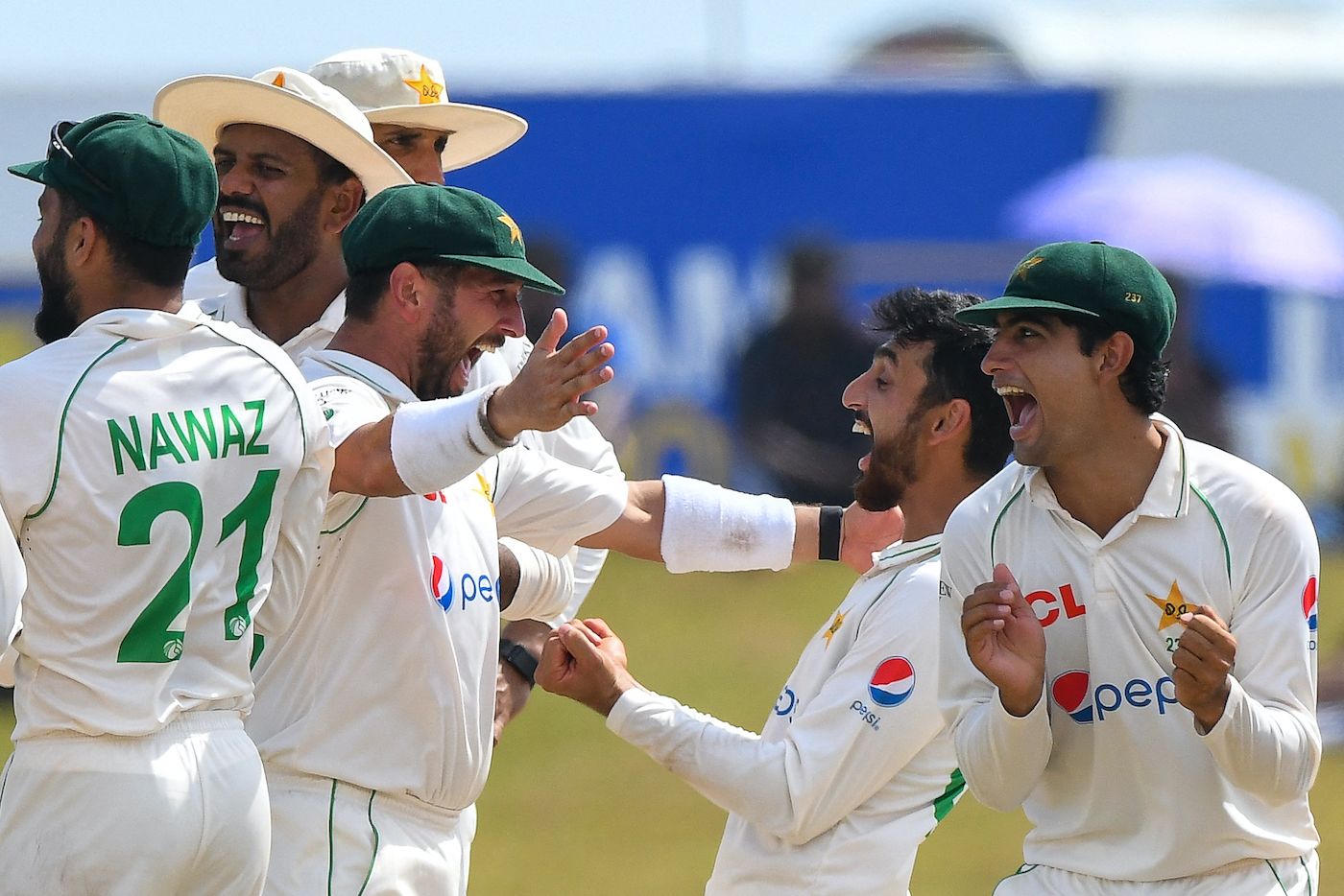 Agha Salman celebrates with Yasir Shah removing Angelo Mathews