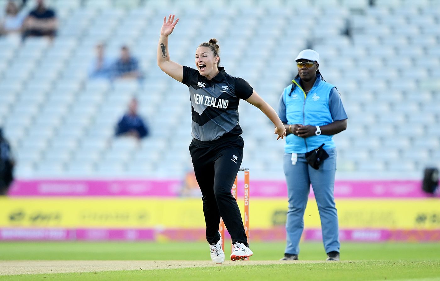 Hayley Jensen appeals for a wicket