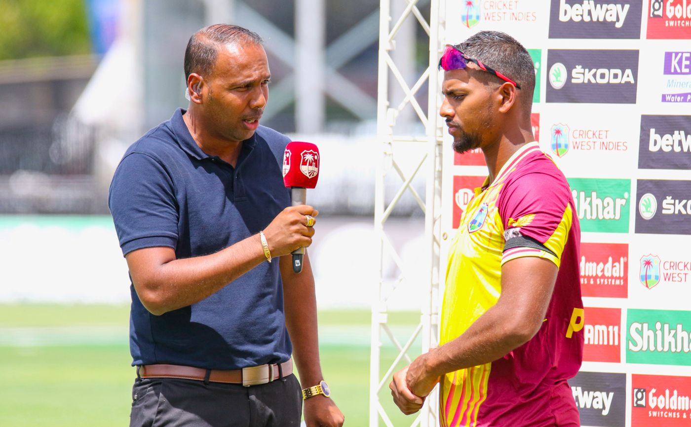 Samuel Badree interviews Nicholas Pooran in the post-match presentation
