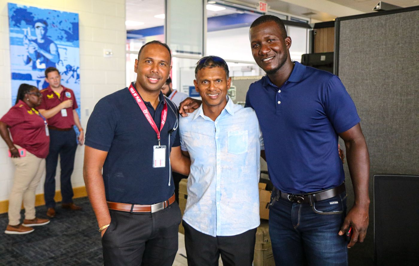 Samuel Badree, Shivnarine Chanderpaul and Daren Sammy in the media box