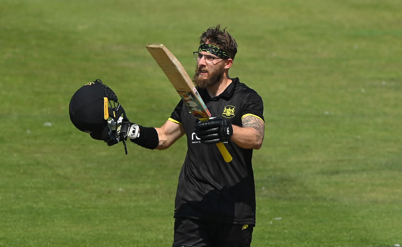 Chris Dent celebrates his century at Chester-le-Street