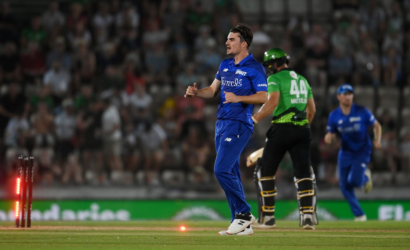 Jordan Thompson celebrates taking the wicket of Ross Whiteley