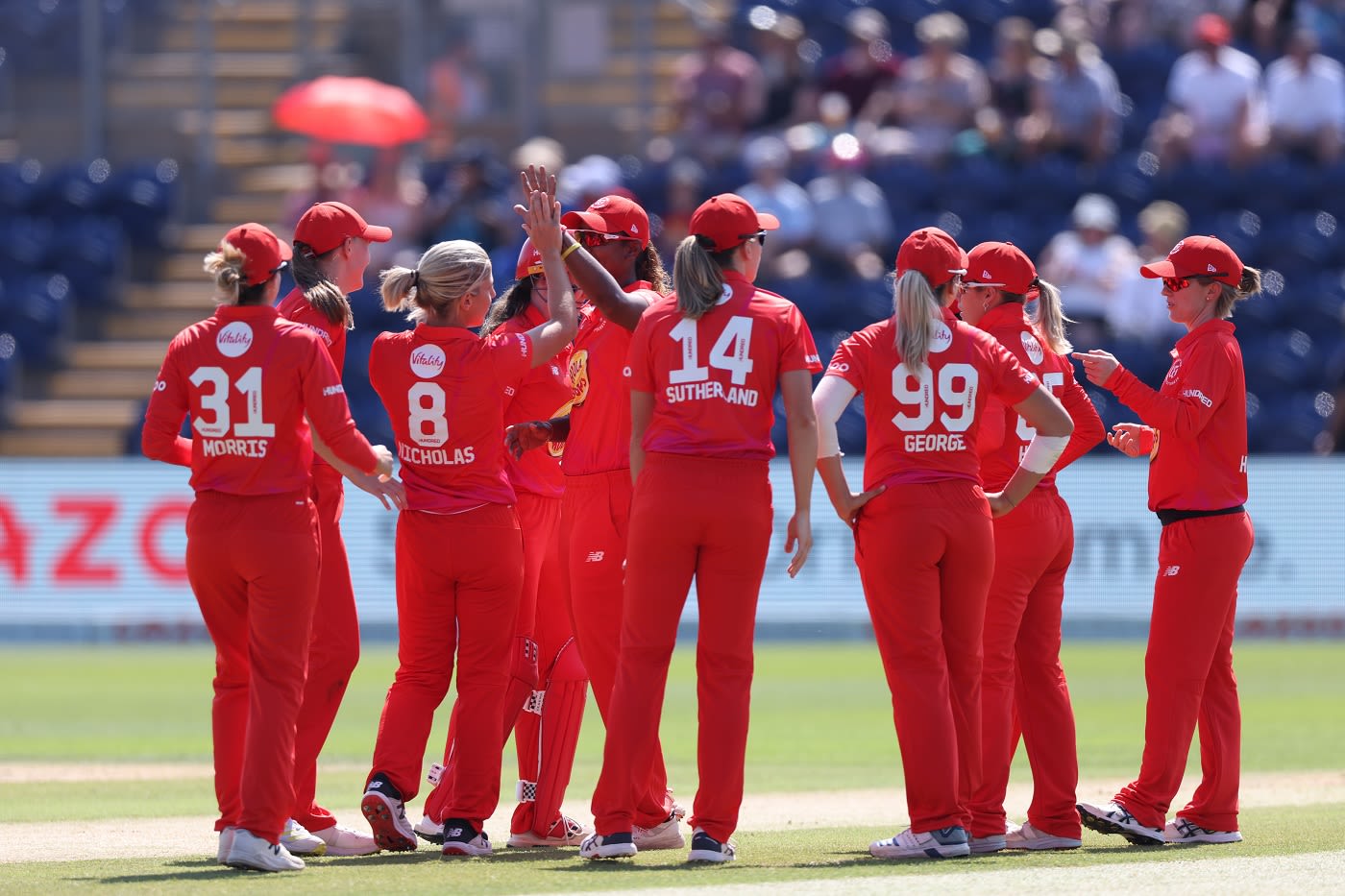 Welsh Fire celebrate after Claire Nicholas picked up an early wicket