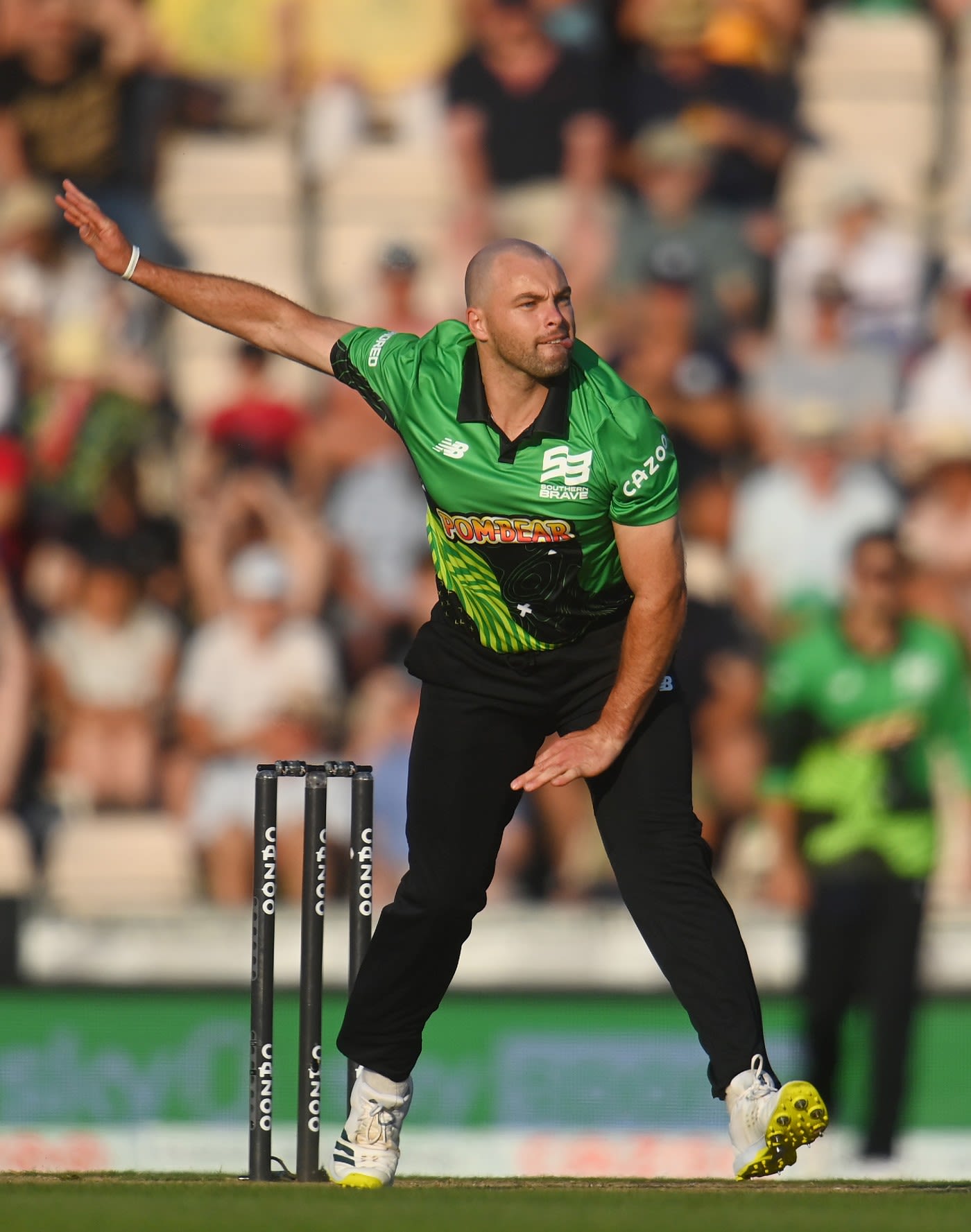 Jake Lintott bowls for Southern Brave during the Men's Hundred