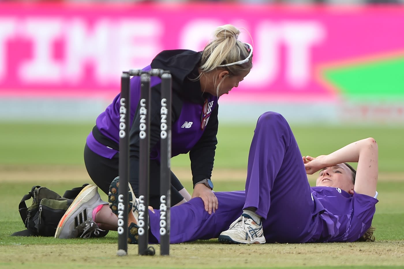 Beth Langston slipped in her delivery stride and hurt herself