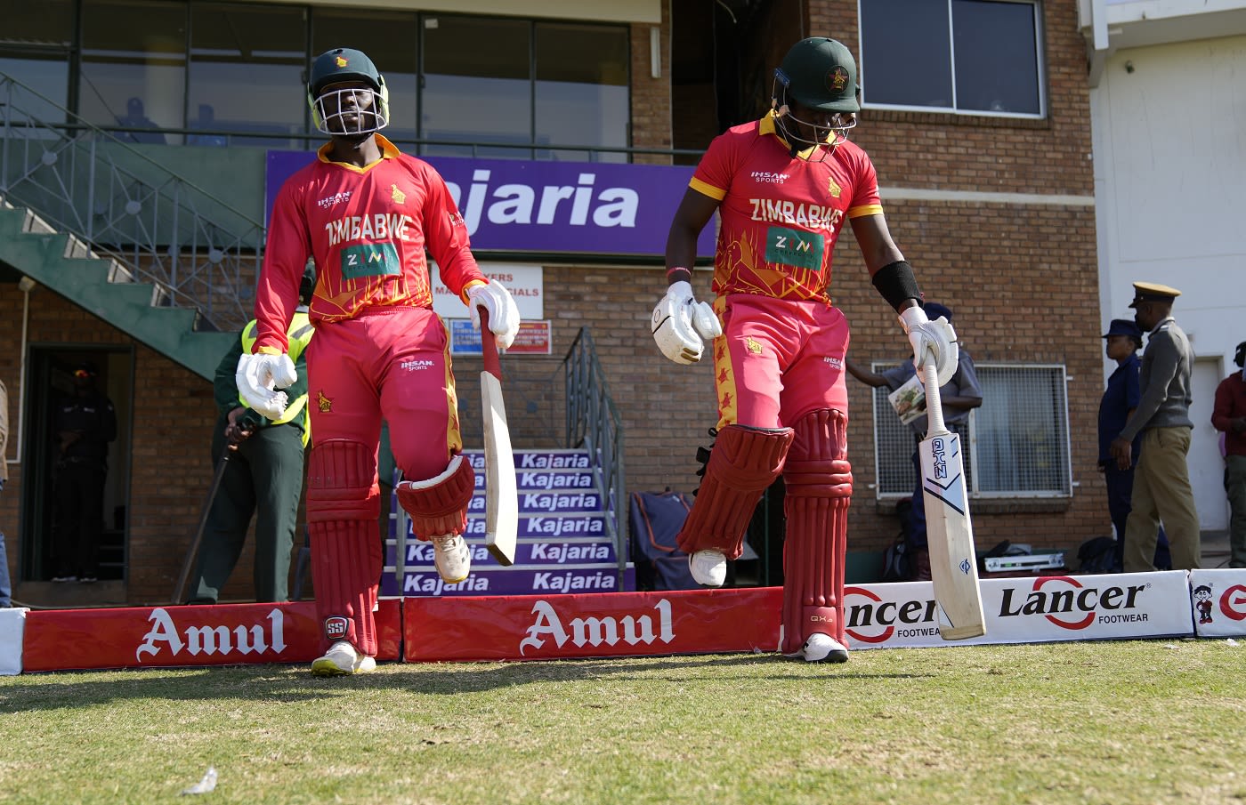 Zimbabwe openers, Takudzwanashe Kaitano and Innocent Kaia walk out to the middle