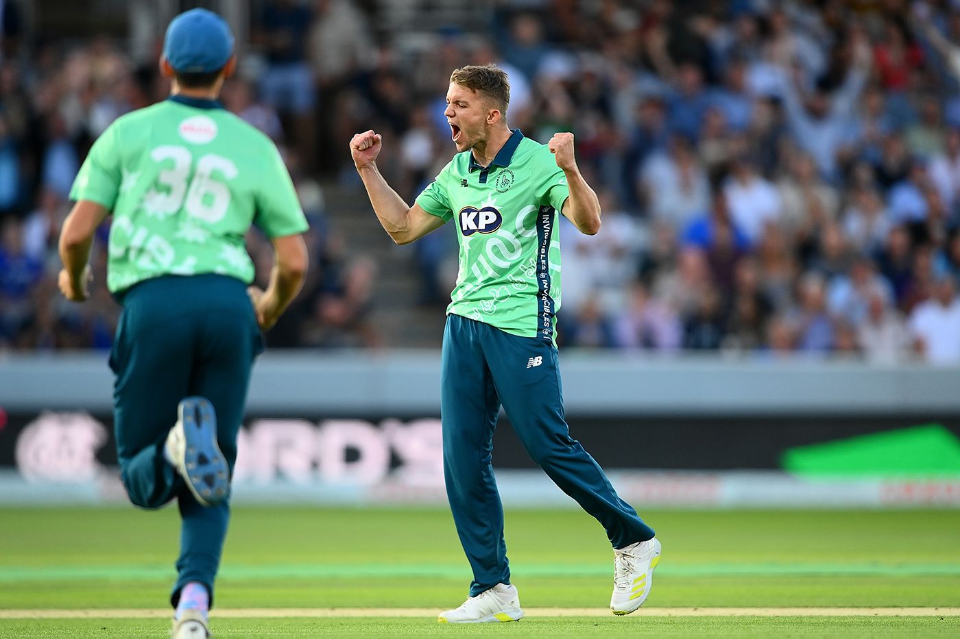 Matt Milnes celebrates a wicket from his second ball