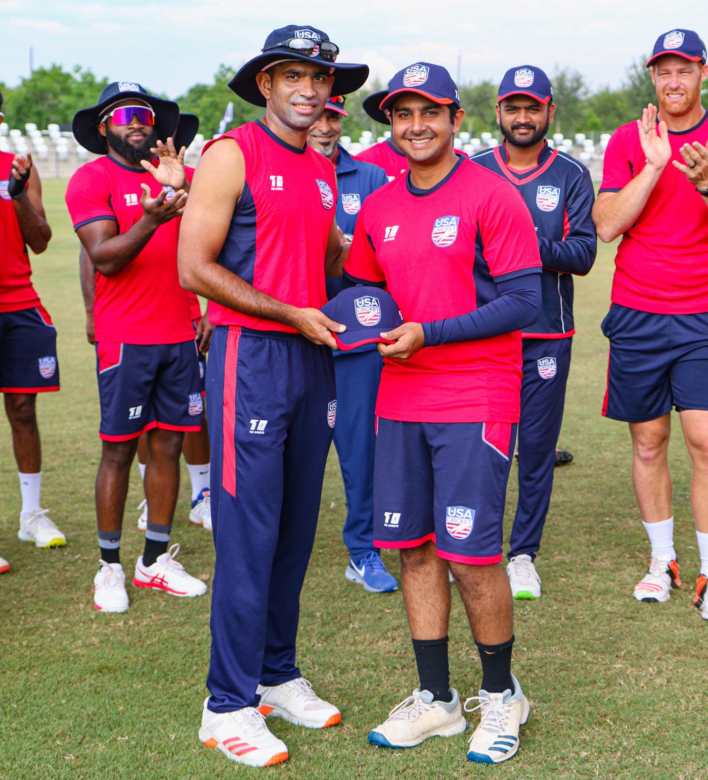 Rahul Jariwala receives his USA debut cap from Saurabh Netravalkar