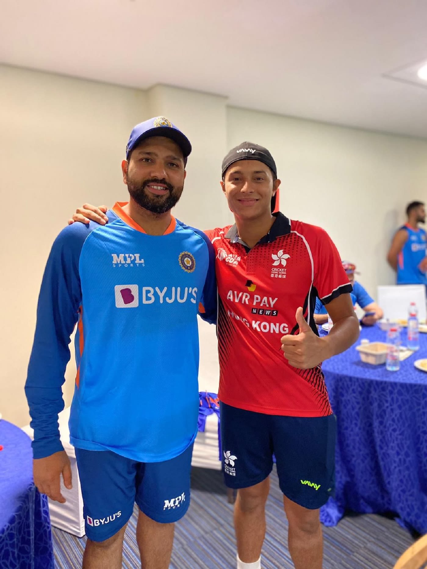 Ayush Shukla poses with Rohit Sharma, the man he dismissed in the sides' Asia Cup match