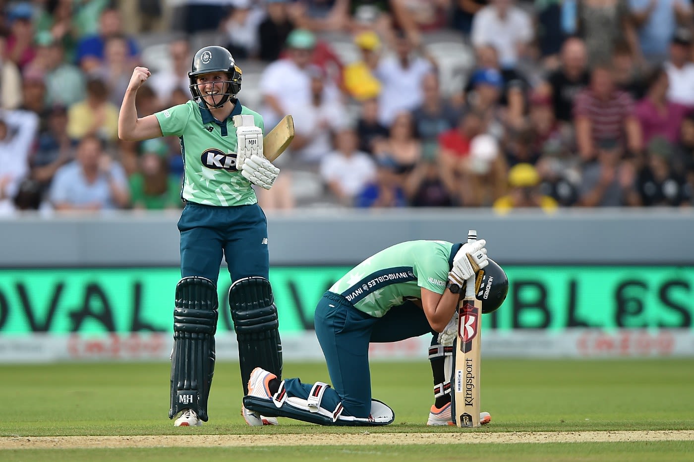 Marizanne Kapp drops to one knee as Emily Windsor celebrates Hundred glory