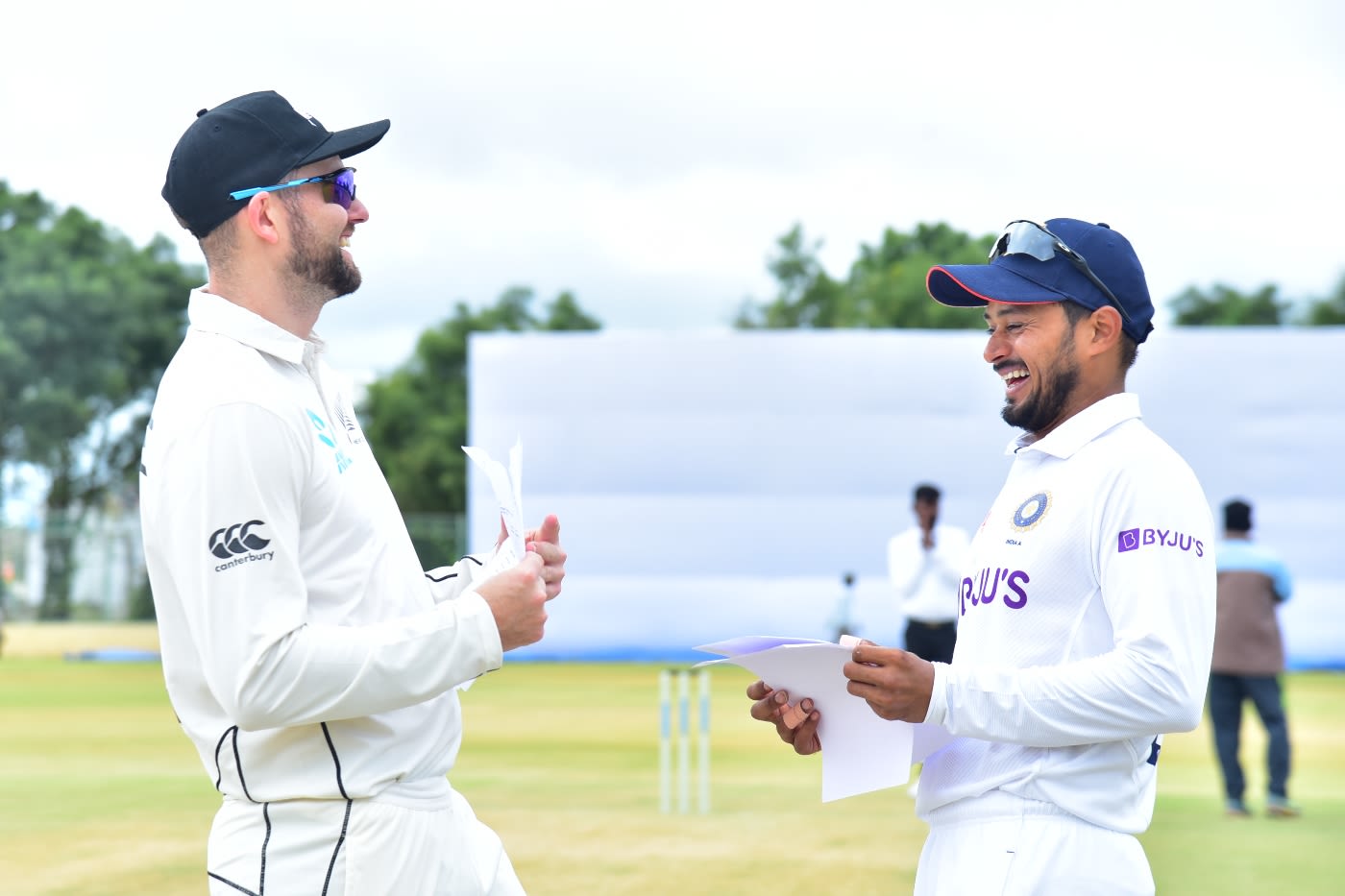 Tom Bruce and Priyank Panchal share a light moment