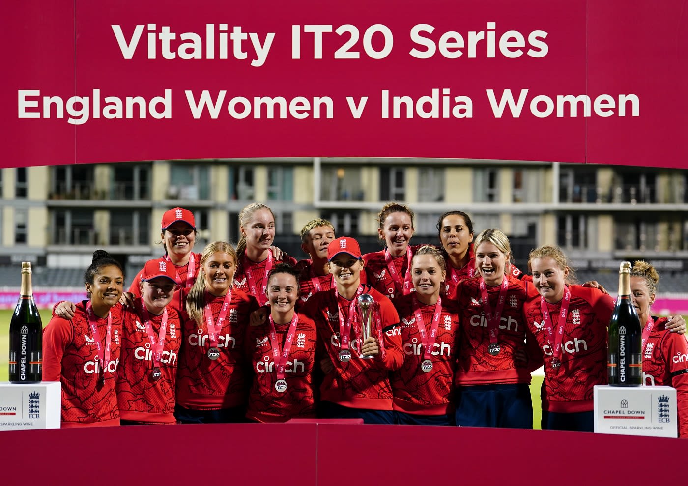 England players pose with the trophy after beating India 2-1 in the T20I series