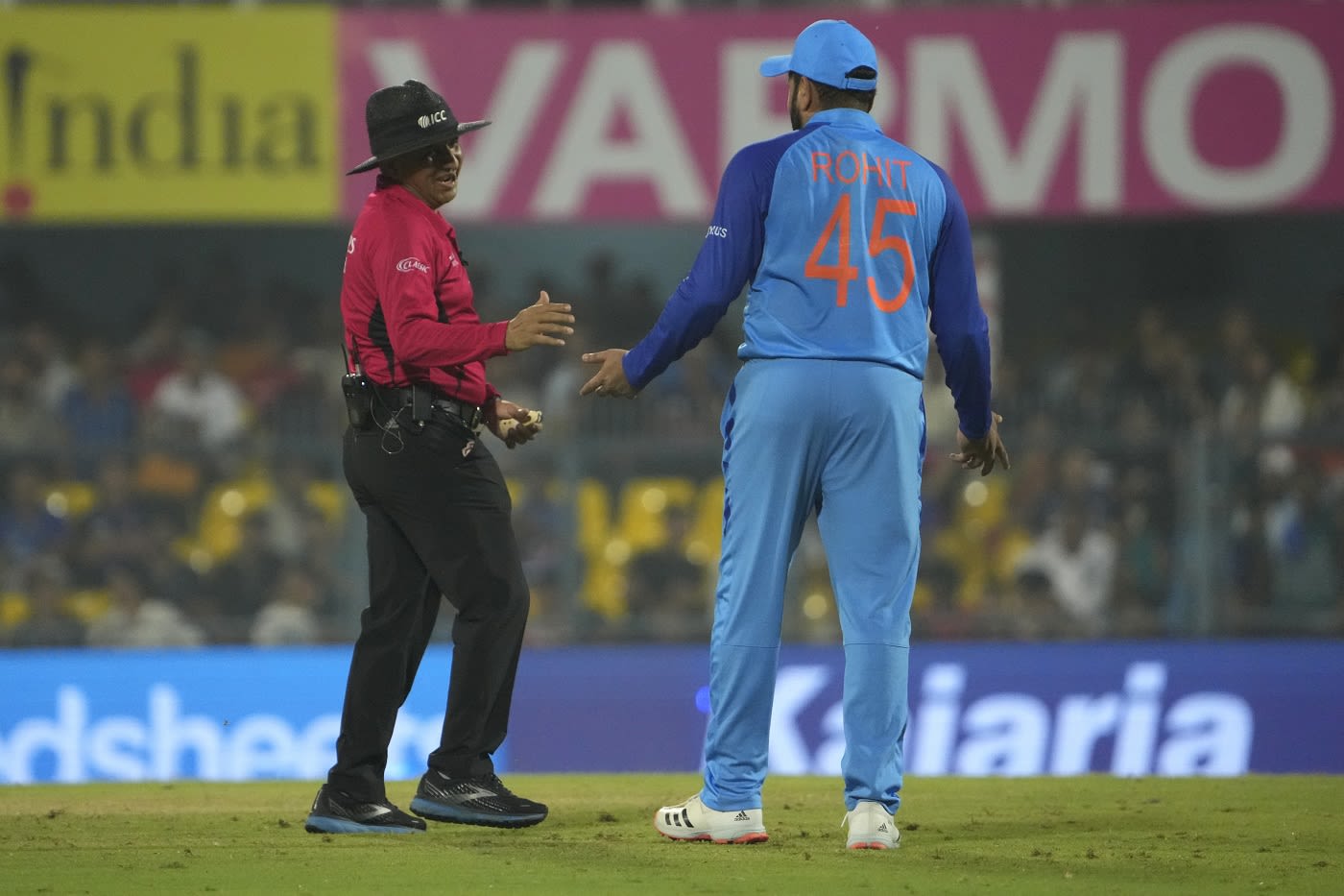 Rohit Sharma wasn't happy with a call umpire Virender Sharma made
