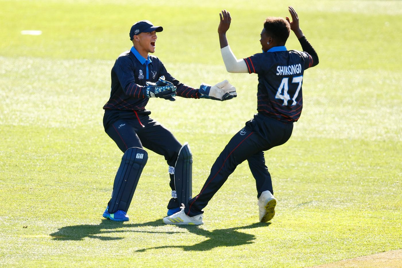 Zane Green and Ben Shikongo celebrate bagging Danushka Gunathilaka for a golden duck