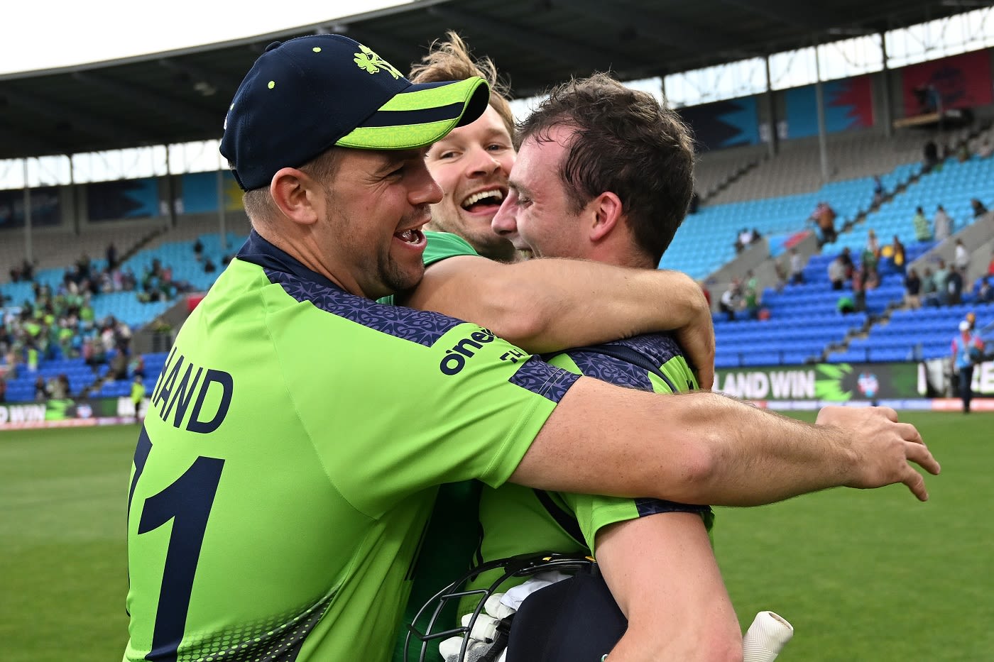 Fionn Hand, Barry McCarthy and Lorcan Tucker can't hide their emotions after Ireland toppled West Indies