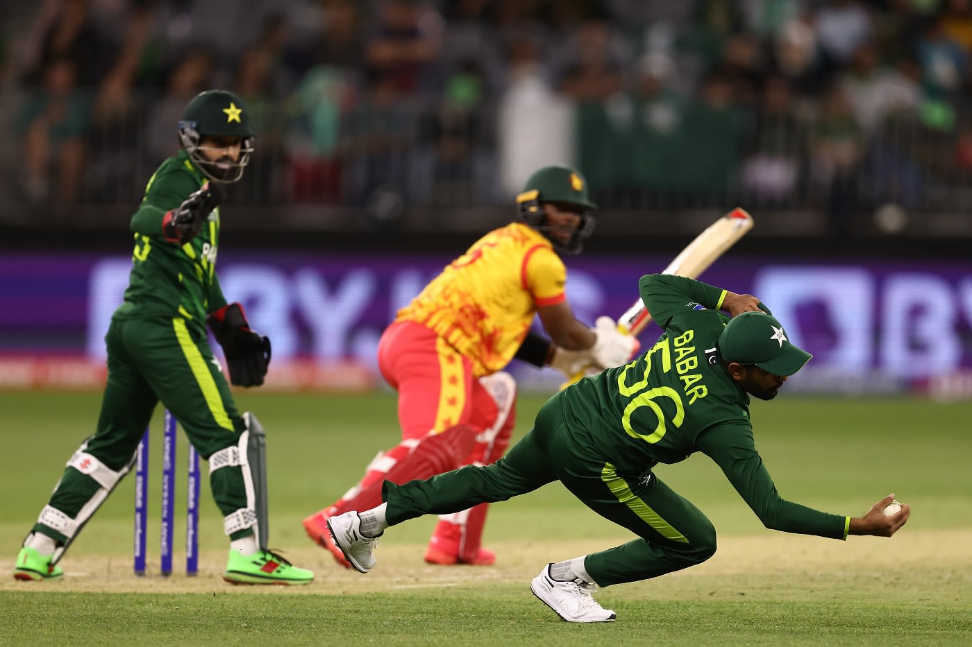 Babar Azam takes a sharp catch at slip to dismiss Regis Chakabva