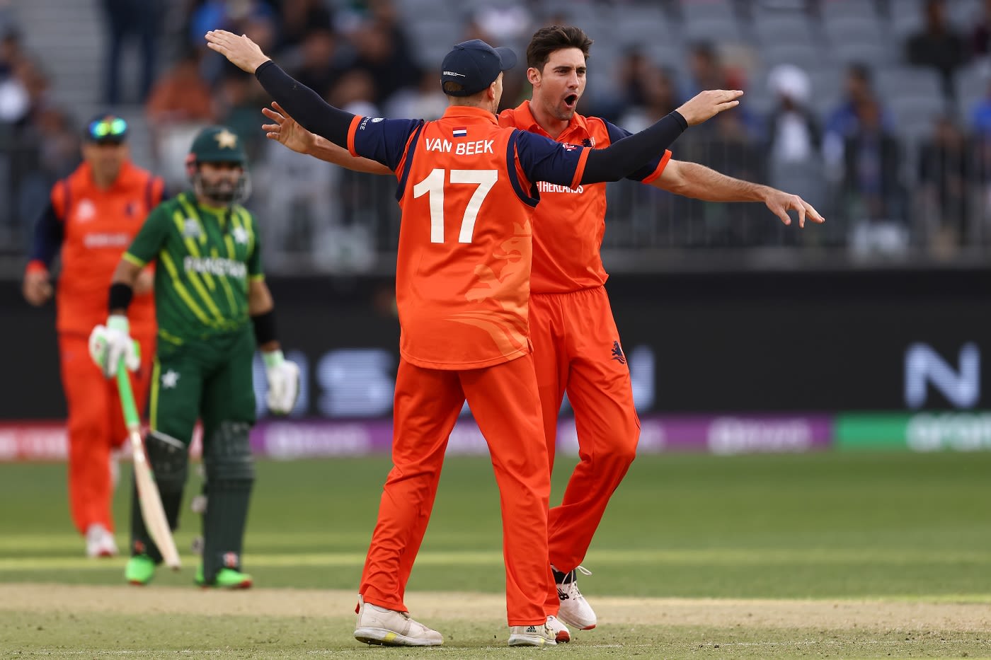 Brandon Glover celebrates the wicket of Fakhar Zaman