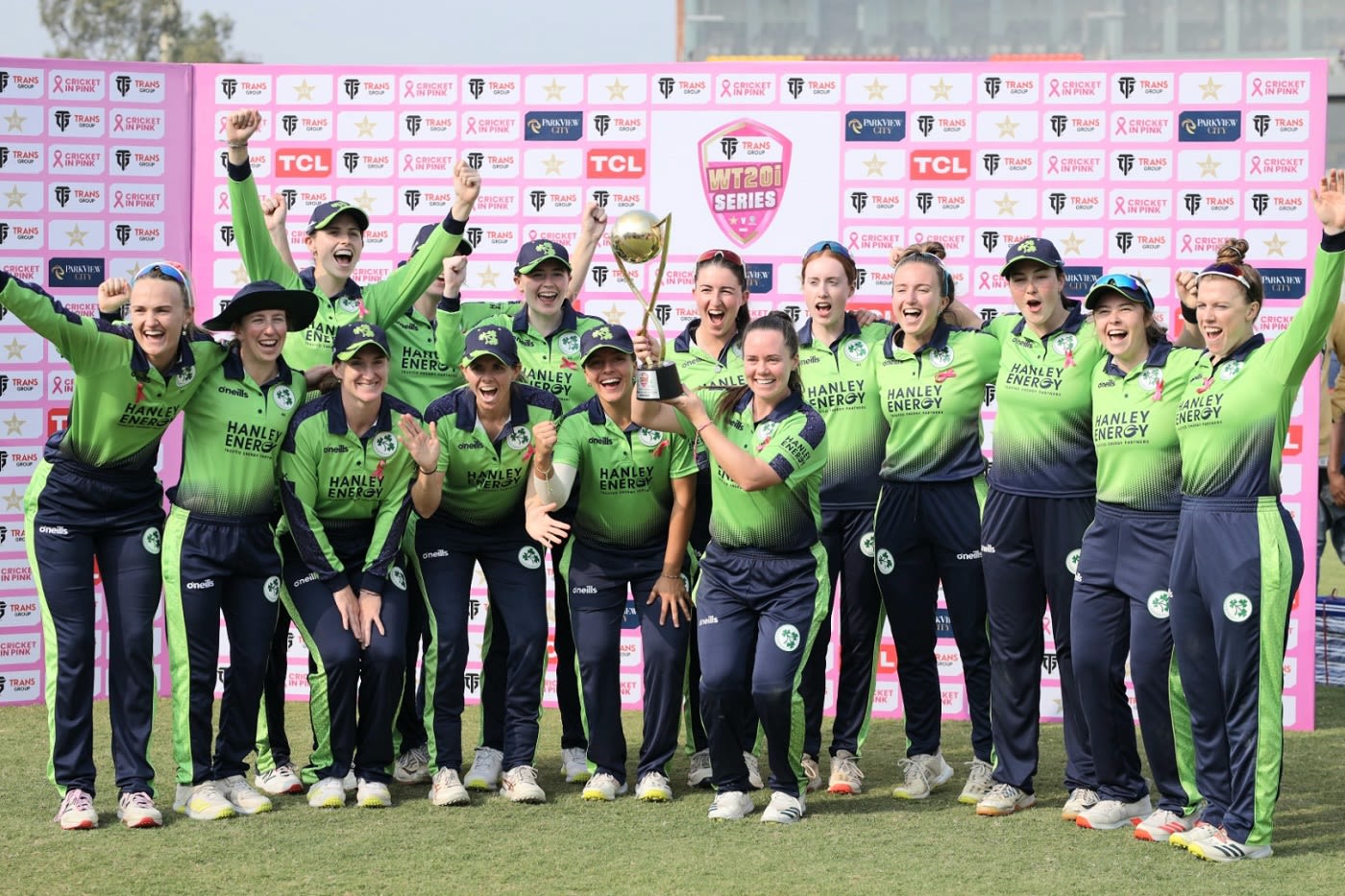 Ireland players celebrate after winning the T20I series